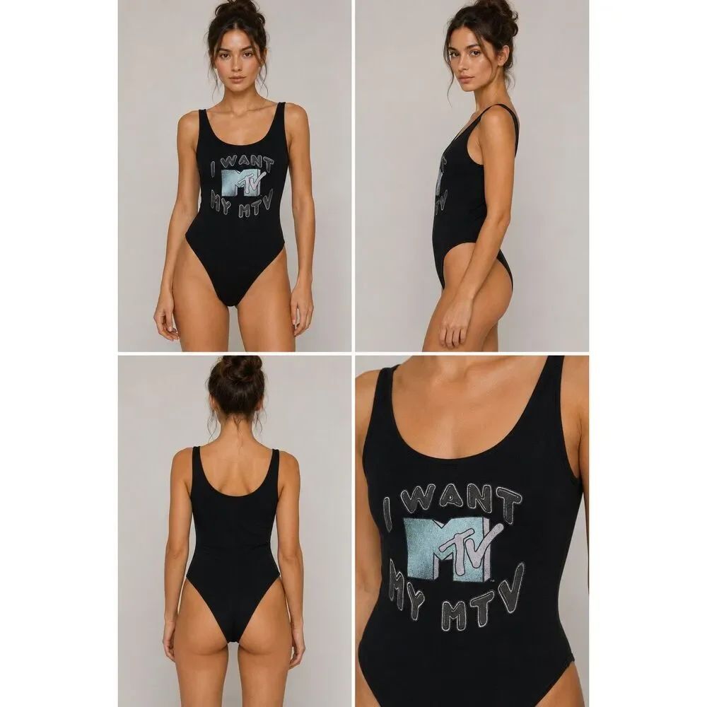 American Eagle MTV Graphic Bodysuit Black Scoop Neck Stretch Cotton Size M